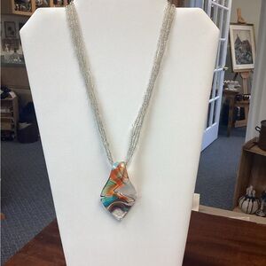 Modern Silver Geometric Glass Pendant Necklace Murano with bracelet and earrings